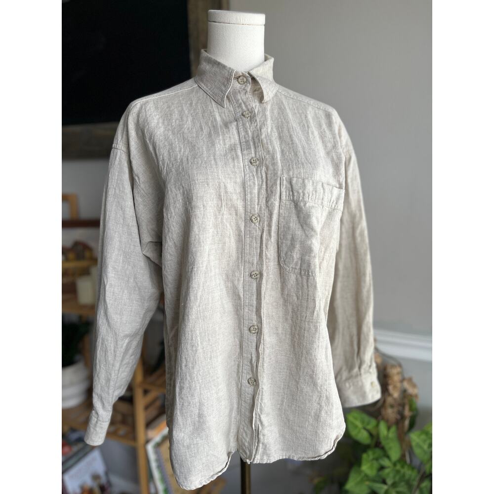 Vintage 90s Tan Button Down Linen Cotton Beige Size Medium